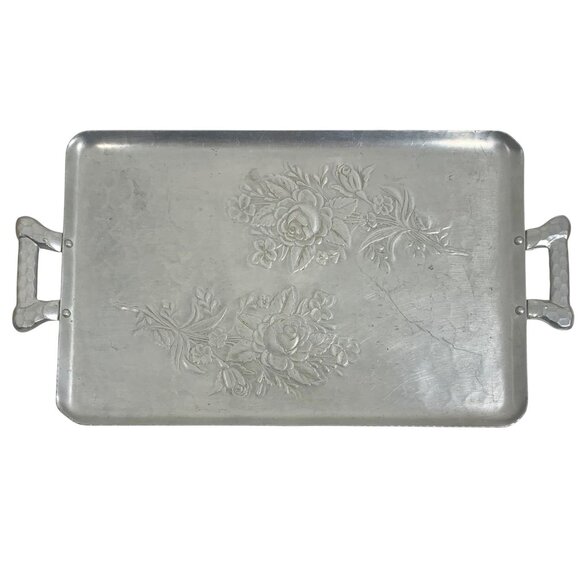 Everlast Forged Aluminum Floral Serving Tray With Handles VTG Rectangular Design - Picture 1 of 7